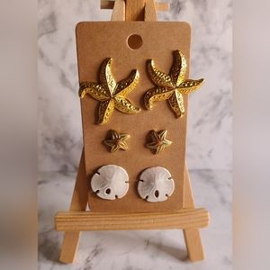 3 Pairs of Vintage Sea Themed Stud Earrings. Gold Starfish, Sand Dollar